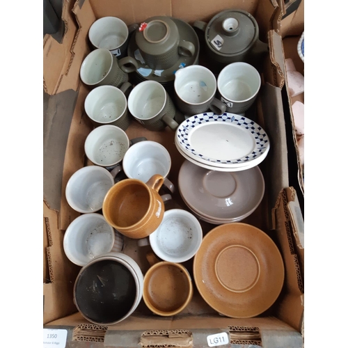 1350 - Three boxes containing aluminium tankard, candle sticks, milk jugs, cups and saucers etc.