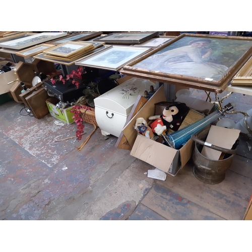 1355 - A large mixed lot to include brass coal bucket, Mickey Mouse soft toys, wicker ware, brass table lam... 