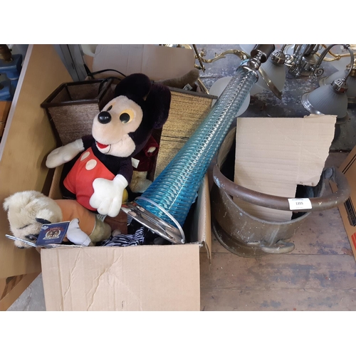 1355 - A large mixed lot to include brass coal bucket, Mickey Mouse soft toys, wicker ware, brass table lam... 