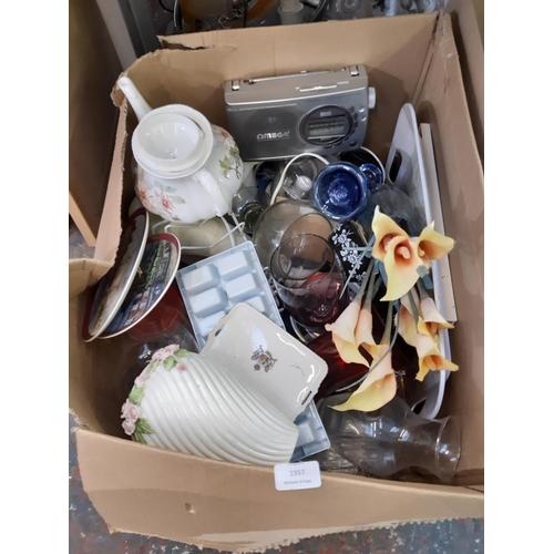 1357 - Two boxes of mixed ceramics and glassware