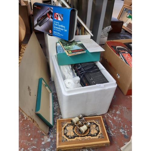 1371 - Two boxes containing Shawcraft china, vintage alarm clock radio, vintage ivory coloured and brass op... 