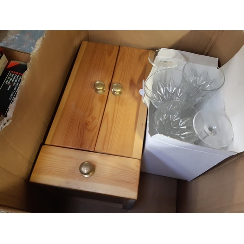 1374 - Two boxes containing glassware, miniature pine wardrobe, pictures etc.