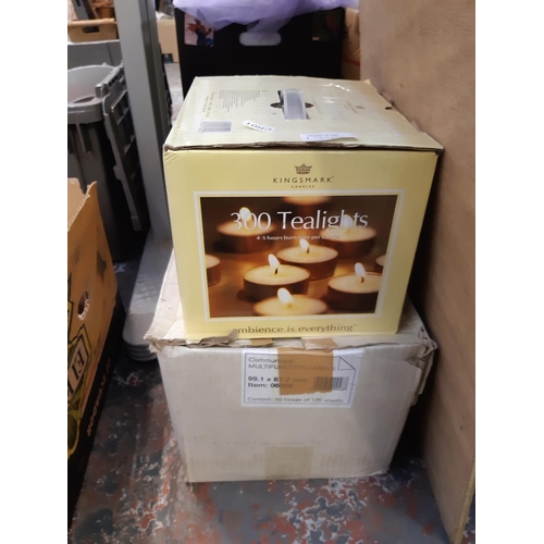 1395 - Two boxes containing new tealights and glass holders