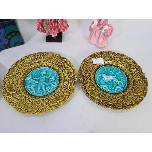 291 - Six pieces of assorted ceramics, one Dicoro planter, two Victorian majolica plates, one Royal Doulto... 