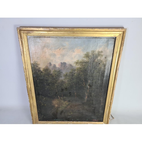 409 - A 19th century framed oil on canvas depicting a mountain and woodland scene signed lower right Gilbe... 