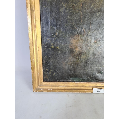 409 - A 19th century framed oil on canvas depicting a mountain and woodland scene signed lower right Gilbe... 