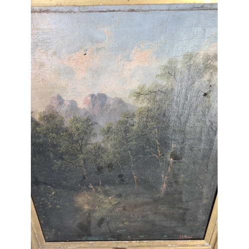 409 - A 19th century framed oil on canvas depicting a mountain and woodland scene signed lower right Gilbe... 