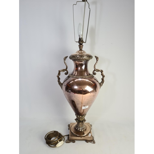 344 - An Art Nouveau copper twin handled samovar converted table lamp - approx. 61cm high x 32cm wide