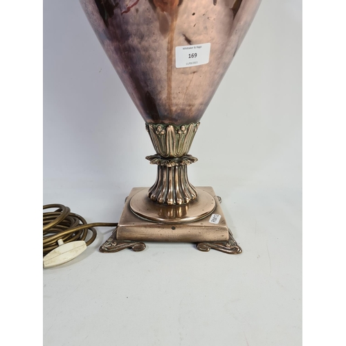 344 - An Art Nouveau copper twin handled samovar converted table lamp - approx. 61cm high x 32cm wide