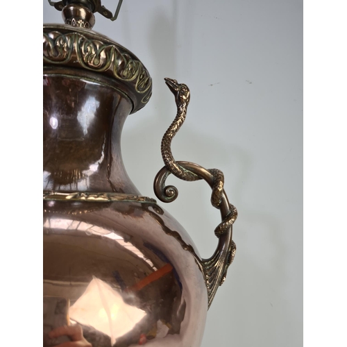 344 - An Art Nouveau copper twin handled samovar converted table lamp - approx. 61cm high x 32cm wide