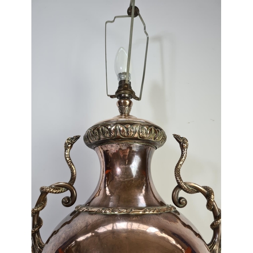 344 - An Art Nouveau copper twin handled samovar converted table lamp - approx. 61cm high x 32cm wide