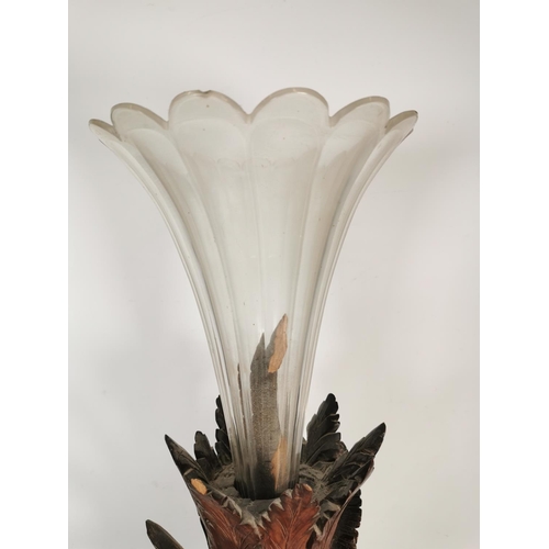 303 - A vintage glass fluted vase with heavily carved oak pheasant design base - approx. 73cm high