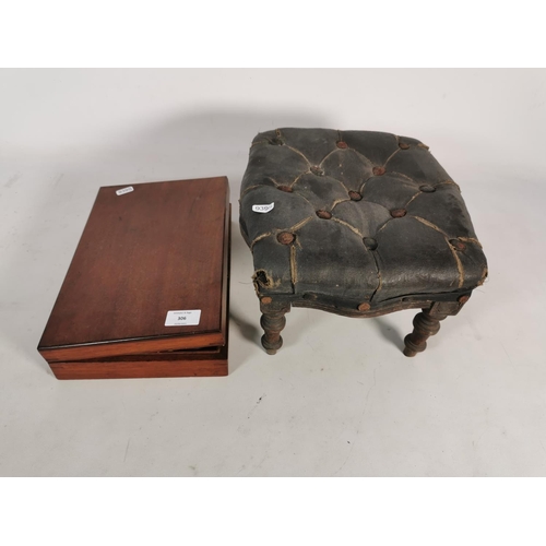 306 - Two items, one 19th century mahogany sewing box with contents and one Victorian leather footstool