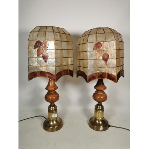 343 - A pair of modern Tiffany style table lamps with turned wooden columns and brass bases