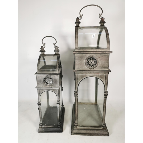 346 - Two matching grey metal lanterns - largest approx. 68cm high