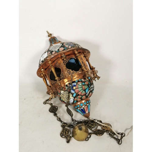 347 - A Middle Eastern copper and enamel hanging lantern - approx. 34cm high