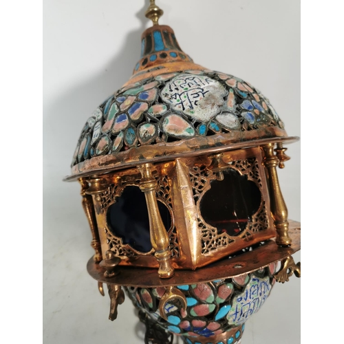 347 - A Middle Eastern copper and enamel hanging lantern - approx. 34cm high