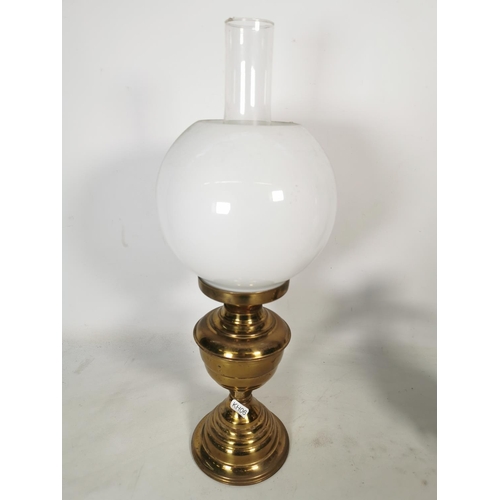 356 - Three various brass lamps, one table lamp and two Duplex oil lamps