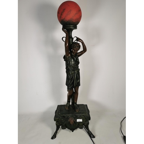 365 - An Art Nouveau style resin bronze effect sculptural table lamp with red glass spherical shade in the... 