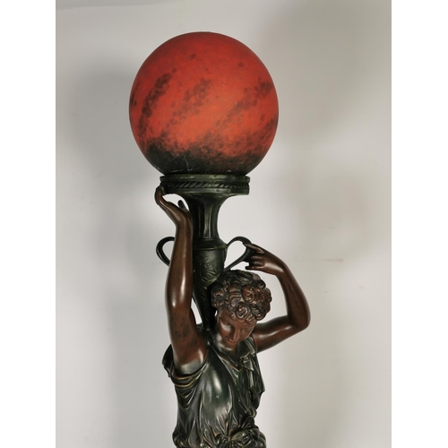 365 - An Art Nouveau style resin bronze effect sculptural table lamp with red glass spherical shade in the... 