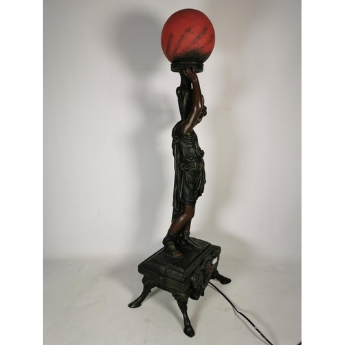 365 - An Art Nouveau style resin bronze effect sculptural table lamp with red glass spherical shade in the... 