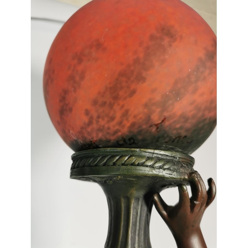 365 - An Art Nouveau style resin bronze effect sculptural table lamp with red glass spherical shade in the... 