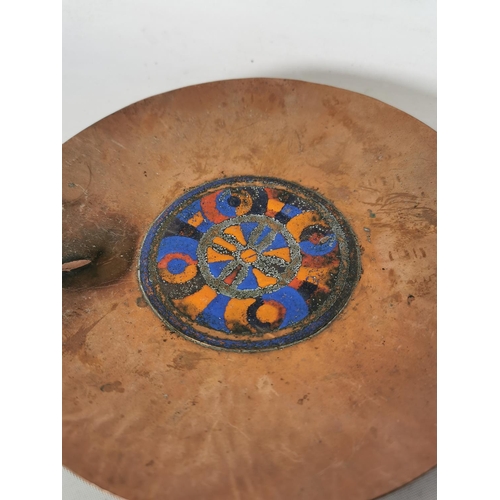 376 - Four assorted vintage copper dishes and one copper measuring cup