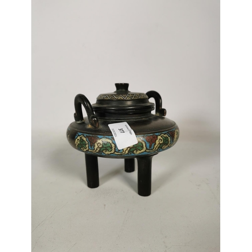 377 - Two items, one oriental bronze twin handled incense burner on tri footed base with enamel border dec... 