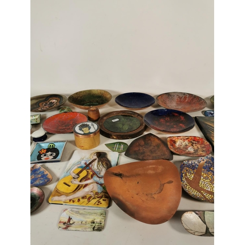 385 - A collection of various metalware to include hand painted enamel plaques, wooden trinket box with en... 