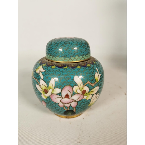 387 - Three pieces of cloisonné to include two vases with bird design - approx. 30cm high and one ginger j... 