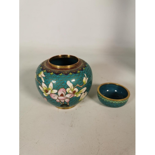 387 - Three pieces of cloisonné to include two vases with bird design - approx. 30cm high and one ginger j... 