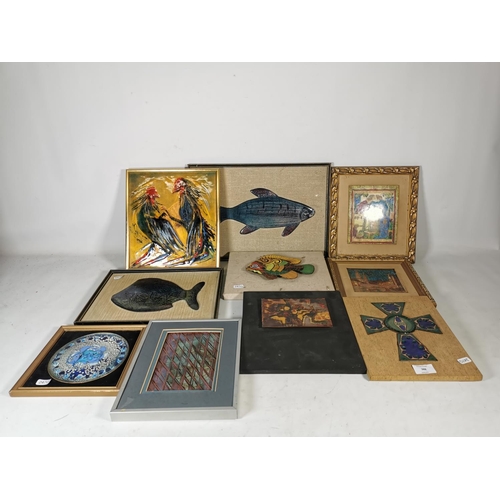 388 - Ten various framed enamel plaques to include Blue Mosaic by Richard Dent, The Song Of Solomon enamel... 