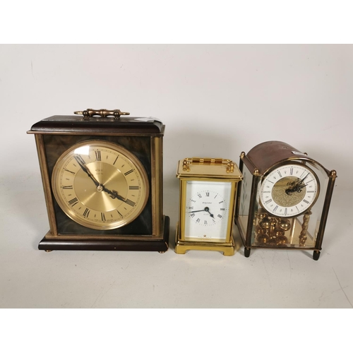 389 - Three various clocks, one French Bayard brass 8 day carriage clock, one Metamec quartz mantel clock ... 