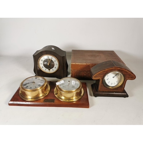 390 - Four items, one vintage H. Samuel quartz clock and Weathermaster barometer on mahogany plaque, one v... 