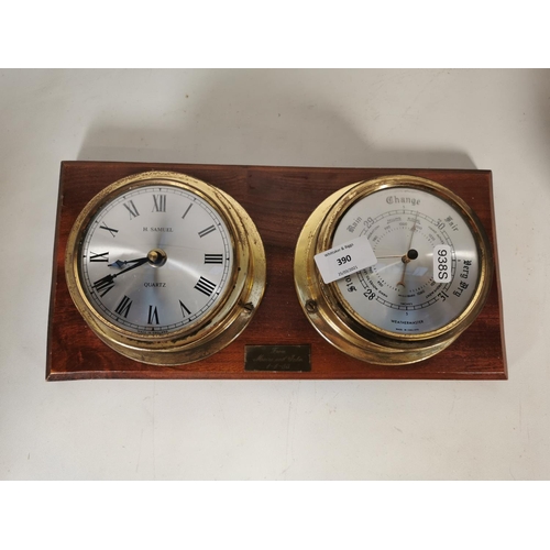 390 - Four items, one vintage H. Samuel quartz clock and Weathermaster barometer on mahogany plaque, one v... 