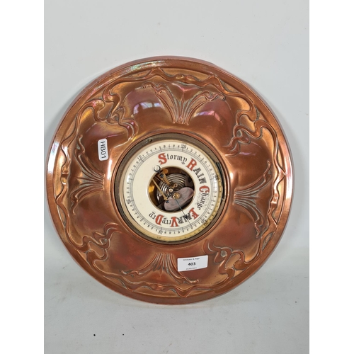 403 - An Art Nouveau copper barometer - approx. 33cm diameter