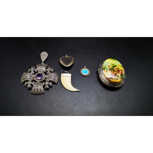143 - Five various pieces of jewellery, one silver amethyst and CZ Celtic pendant, one gold coloured and e... 