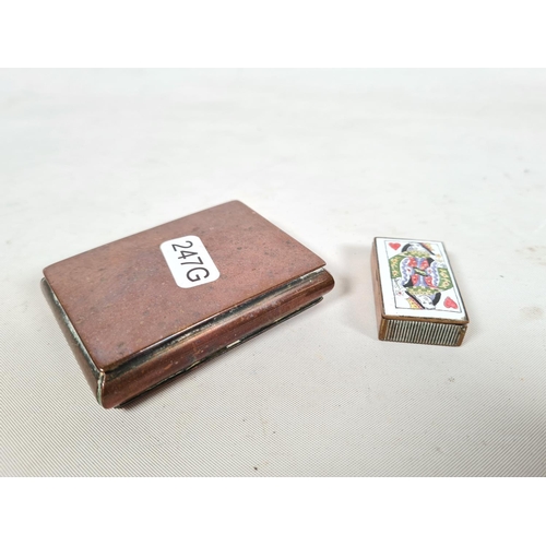 263 - Two vintage copper snuff boxes, one miniature with Queen of Hearts card enamel top - approx. 4.5cm x... 