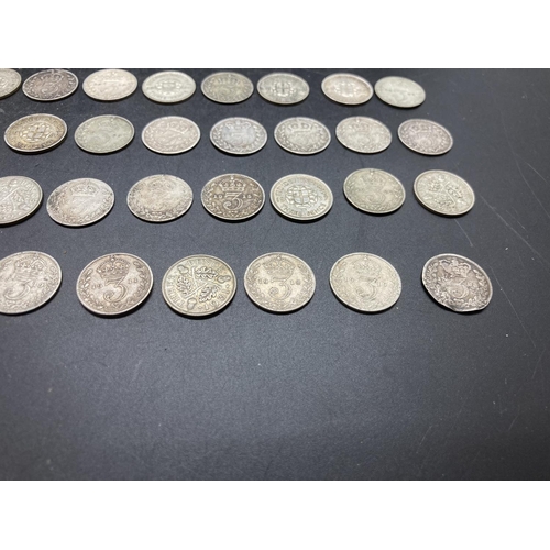 214 - Forty one silver threepences, nineteen pre 1920 92.5% and twenty two 1920-1946 50%