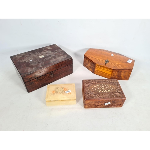 342 - Four various boxes to include one 19th century rosewood work box, one Indian inlaid carved teak jewe... 