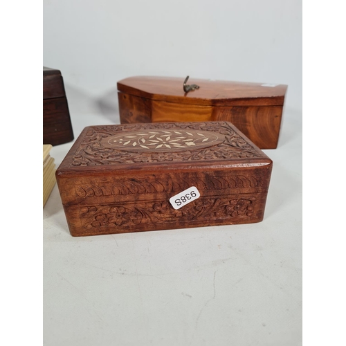 342 - Four various boxes to include one 19th century rosewood work box, one Indian inlaid carved teak jewe... 