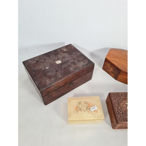 342 - Four various boxes to include one 19th century rosewood work box, one Indian inlaid carved teak jewe... 