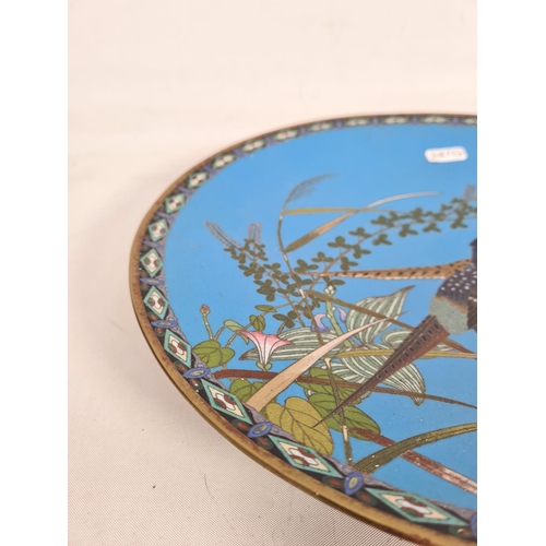 386 - A cloisonné wall charger with stylized bird design - approx. 31cm diameter