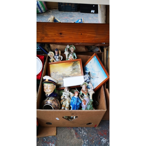 1565 - Three boxes containing pictures, character jug, collector's plates, ornaments etc.