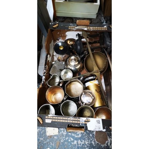 1570 - Three boxes containing glassware, collector's plates, brass scales, metalware etc.