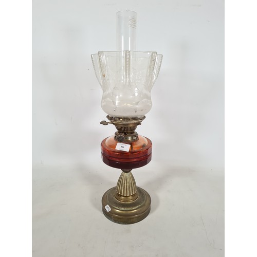 361 - A Hinks no. 2 brass oil lamp with red glass reservoir and etched glass shade - approx. 48cm high