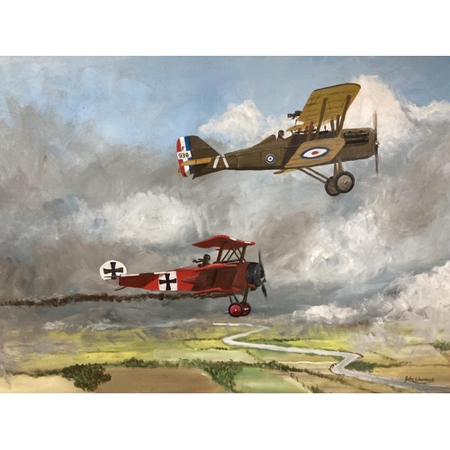 93 - A large framed oil painting of a WWI dogfight by John Woodcock - approx. 109cm x 85cm