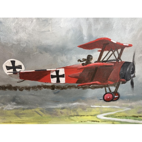 93 - A large framed oil painting of a WWI dogfight by John Woodcock - approx. 109cm x 85cm