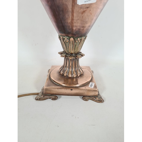 173 - An Art Nouveau copper twin handled samovar converted table lamp - approx. 61cm high x 32cm wide