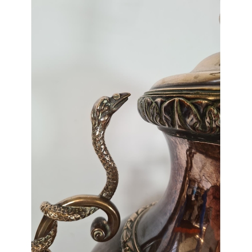 173 - An Art Nouveau copper twin handled samovar converted table lamp - approx. 61cm high x 32cm wide